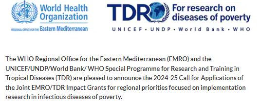 TDR (@tdrnews) on Twitter photo 📣Call for applications from <a href="/WHOEMRO/">WHO Regional Office for the Eastern Mediterranean</a> and TDR for implementation research projects on infectious diseases of poverty: who.my.site.com/etdr/s/gs-soli…
Deadline: 15 September 2024 📣Call for applications from <a href="/WHOEMRO/">WHO Regional Office for the Eastern Mediterranean</a> and TDR for implementation research projects on infectious diseases of poverty: who.my.site.com/etdr/s/gs-soli…
Deadline: 15 September 2024