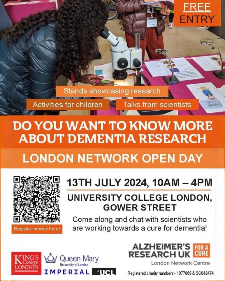 Come along to the Alzheimer’s Research UK London Network Open Day this Saturday to learn about our research and meet our team! 😊 #alzheimersresearchuk #alzheimers #dementiaresearch  #drugdiscovery #science