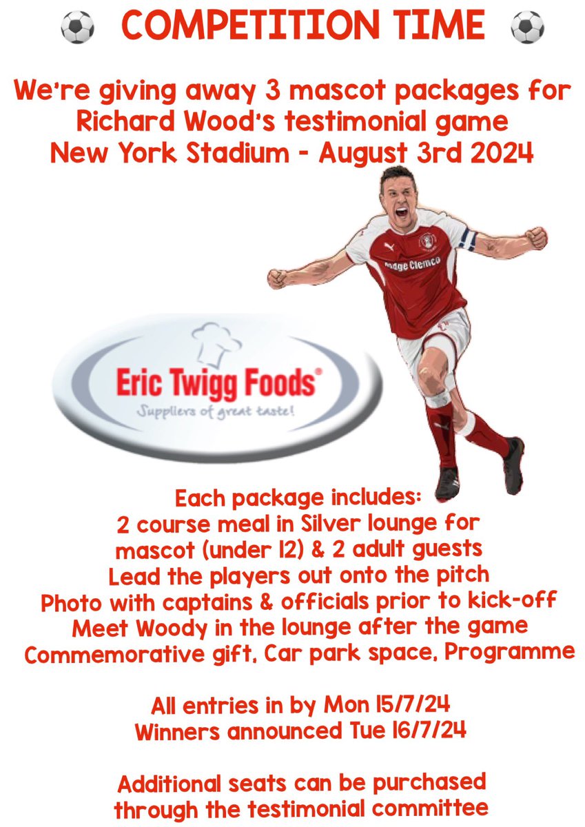 EricTwiggFoods's tweet image. ⚽️ COMPETITION TIME ⚽️
We’re giving away 3 mascot packages for Richard Wood’s testimonial game at New York Stadium 

For a chance to win, simply:
Follow us &amp;amp; @WoodTestimonial share &amp;amp; like this post 
Good luck! #rufc