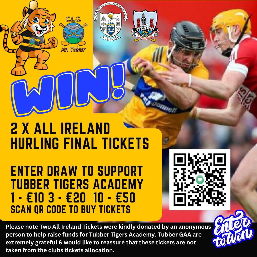 TubberGaa's tweet photo. Win tickets to the All Ireland Hurling Final between Clare and Cork . By entering, you are also supporting the development of the Tubber Tigers Underage Hurling and Camogie players in the Burren area of North Clare. 

https://t.co/mt72xx22BT

Thank you and Up the Banner. https://t.co/8DxPErti0O