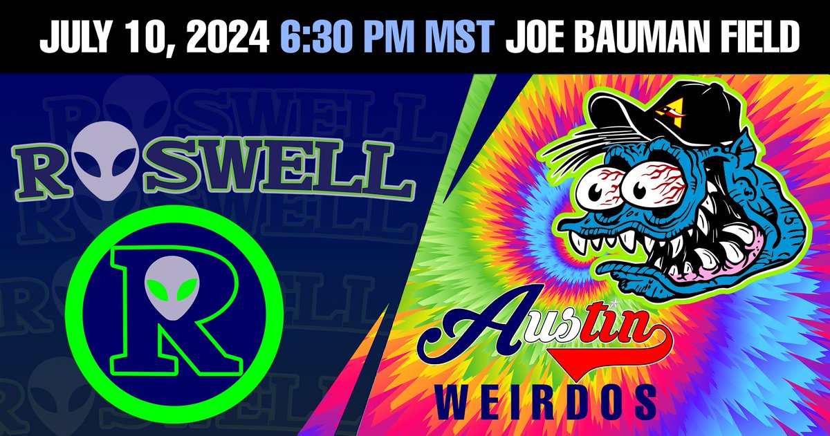 roswellinvaders's tweet photo. Austin Weirdos at Roswell Invaders at Joe Bauman Field.
7/10/2024 6:30:00 PM MST Pecos League Baseball.  

Tickets $10 at https://t.co/Td1l6arhhs

Watch Live at https://t.co/KAclTz6zBk https://t.co/b18TwiD3Ka