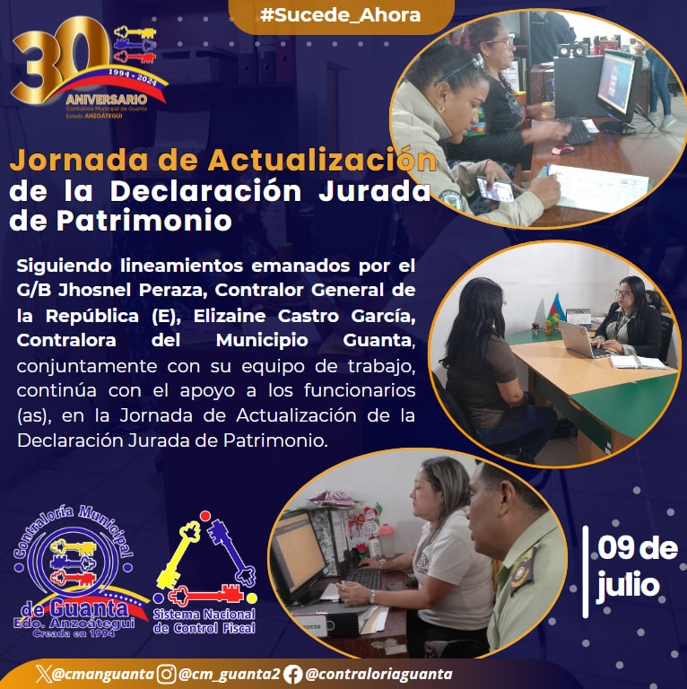 CMANGuanta's tweet photo. Siguiendo lineamientos emanados por el Contralor General de la República (E), LA Contralora del Municipio Guanta, conjuntamente con su equipo de trabajo, activos en el apoyo a los funcionarios (as), en la Jornada de Actualización de la Declaración Jurada de Patrimonio. https://t.co/K9YbGPW1XB
