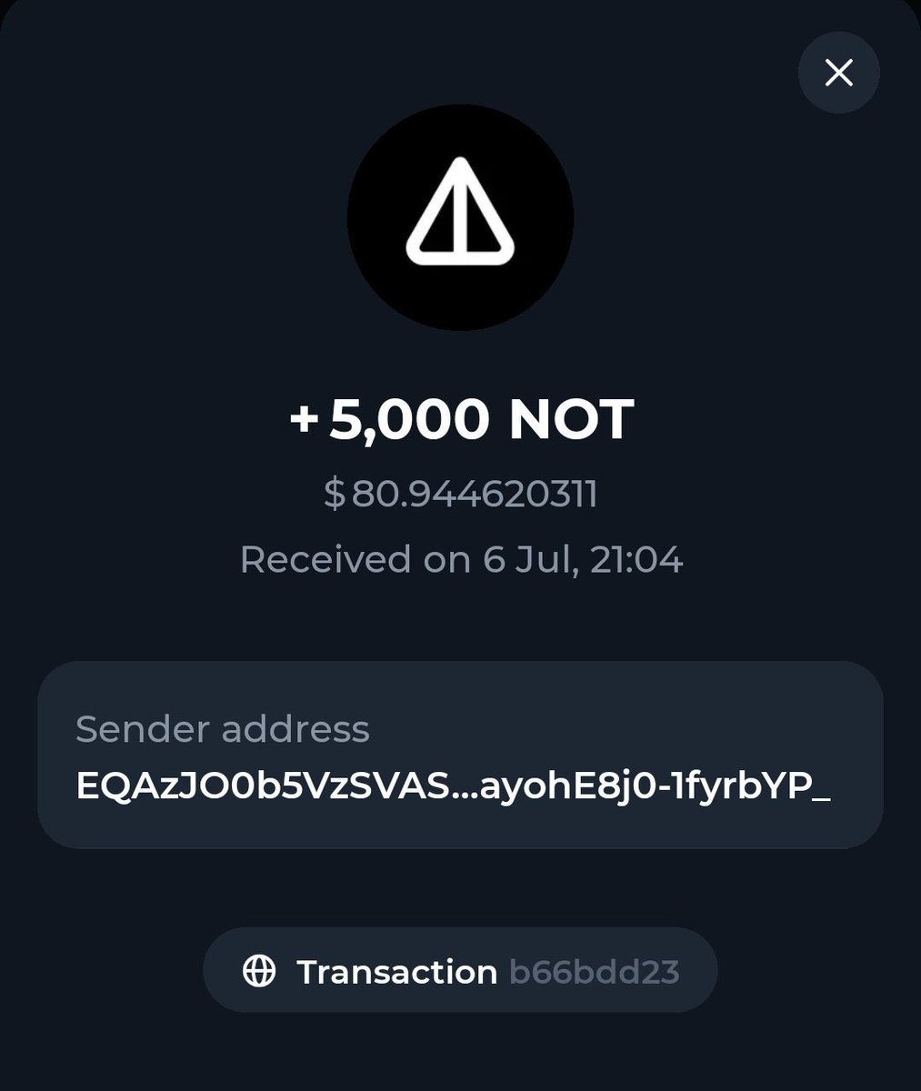 Got 5000 $NOT #AIRDROP from <a href="/notcoin/"></a> open league that was just concluded.

Like - Retweet this post.

I'll give out 2,500 $NOT from the airdrop.

Like and retweet.
Drop your TON wallet address.

$FRERO x $DADDY