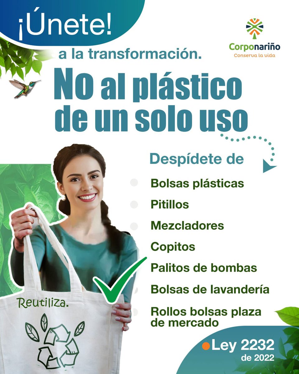 Únete a la transformación para un mejor planeta:
La eliminación gradual de un total de 21 productos del mercado, significa que los colombianos tenemos que comenzar a sustituir estos elementos por alternativas biodegradables.
 ¡Conserva la vida!🌎🌿
NO al plástico 🚫
#Noalplástico