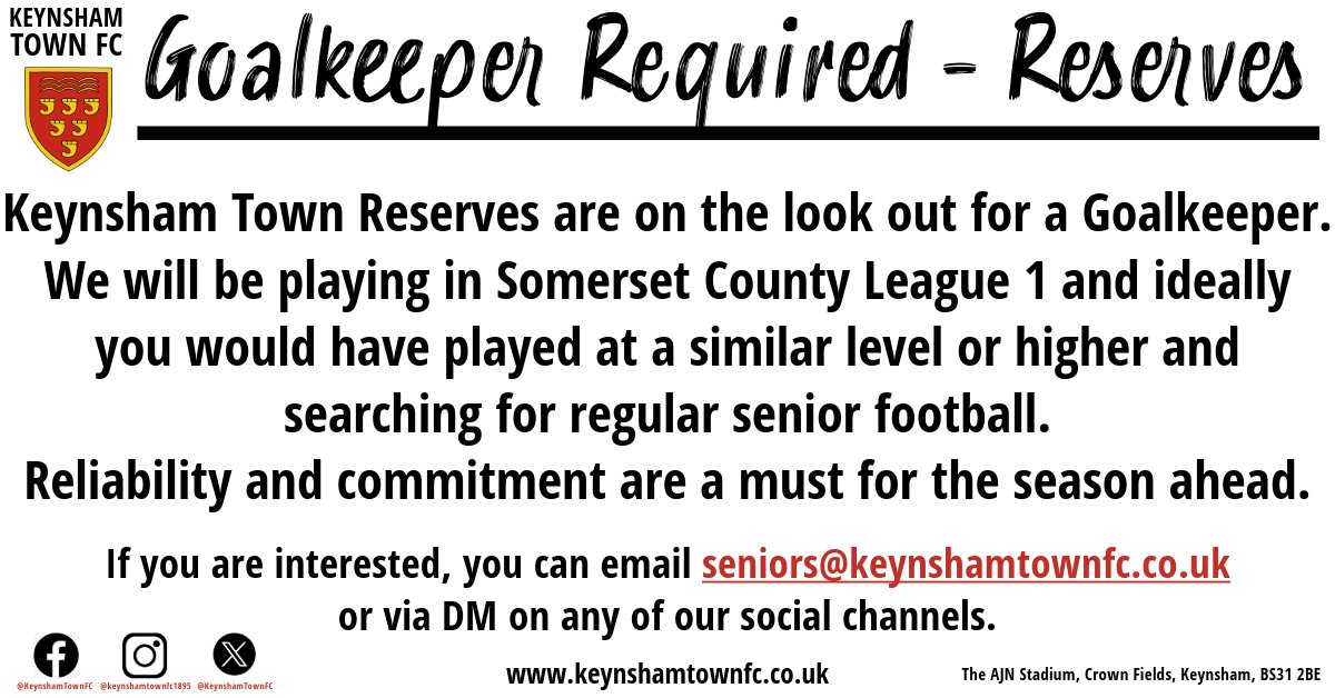 Keynsham Town FC (@keynshamtownfc) on Twitter photo <a href="/KeynshamTownRes/">Keynsham Town FC Reserves</a> are looking for a Goalkeeper for the 2024-25 season.
We play in Somerset County League 1 and ideally you would have played at a similar level or higher and looking for regular senior football. Reliability & commitment are a must
Drop us a DM for more info <a href="/KeynshamTownRes/">Keynsham Town FC Reserves</a> are looking for a Goalkeeper for the 2024-25 season.
We play in Somerset County League 1 and ideally you would have played at a similar level or higher and looking for regular senior football. Reliability & commitment are a must
Drop us a DM for more info