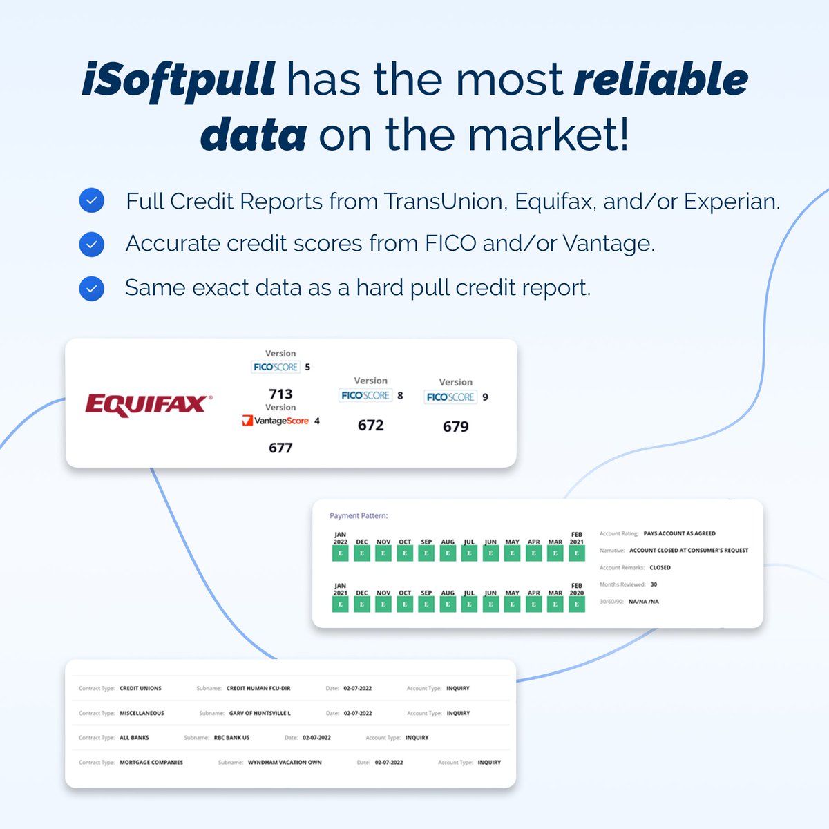 isoftpull's tweet photo. iSoftpull is an authorized reseller of Experian, Transunion, and Equifax credit bureaus, allowing your business to have access to the most reliable credit data on the market! Start instantly pre-qualifying your leads by scheduling an introduction and creating a demo account. https://t.co/Sg8n2Ye1sh