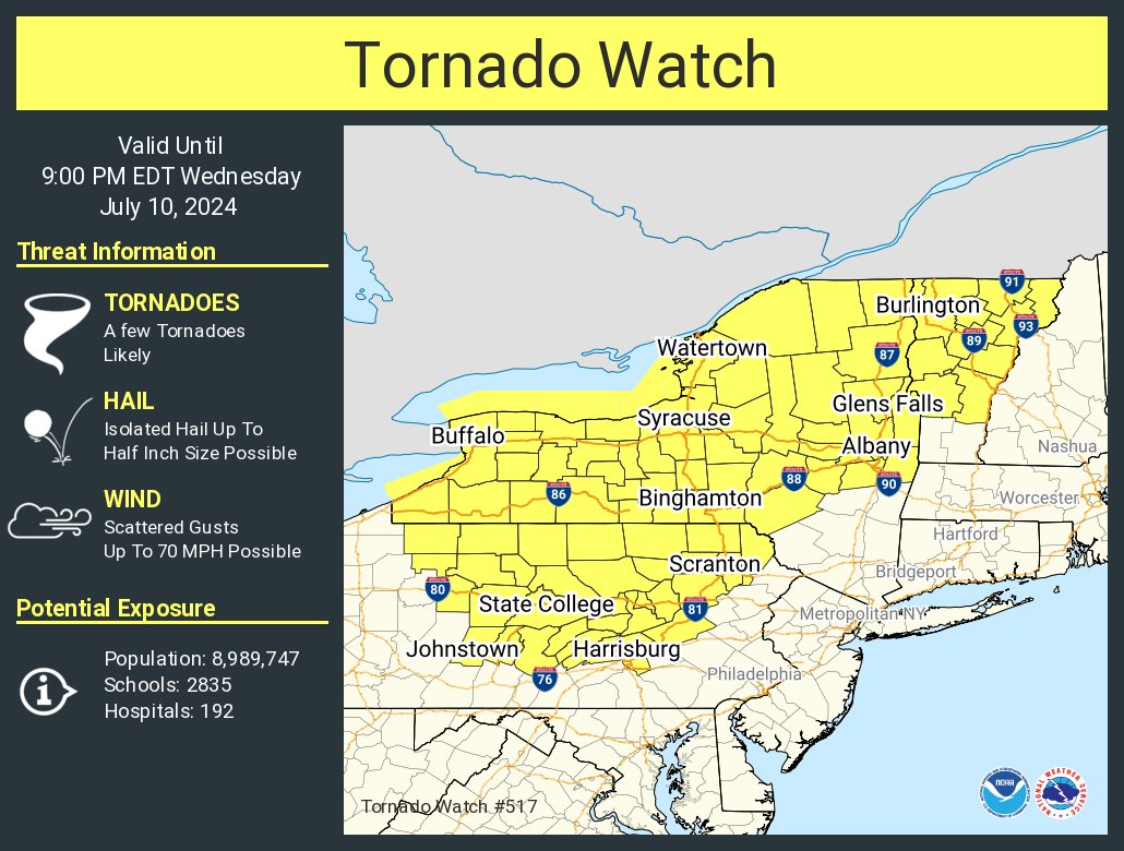 A tornado watch has been issued for parts of New York, Pennsylvania and Vermont until 9 PM EDT