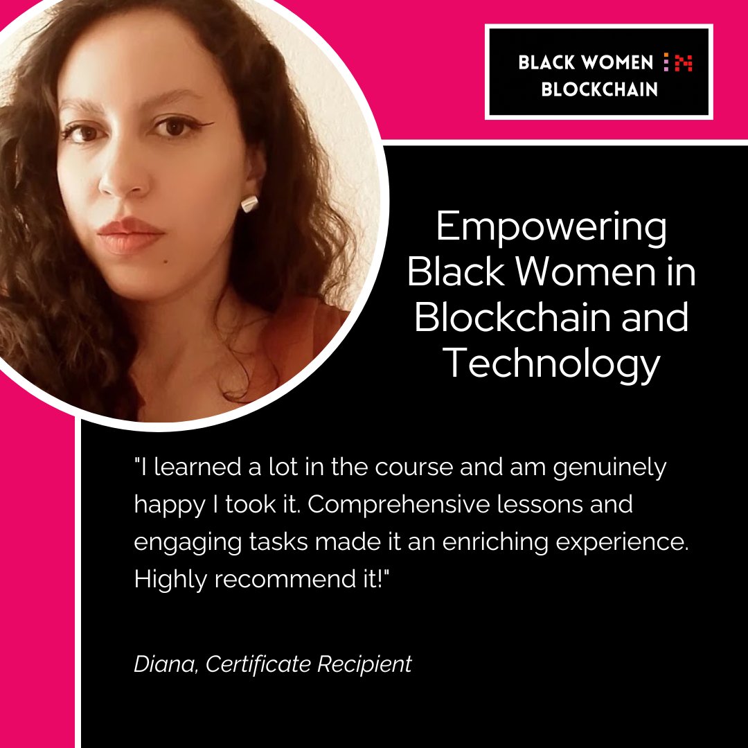 BWomeninB's tweet photo. Diana, a cohort graduate, found the course comprehensive and valuable. She highly recommends it and has launched a project called Es Blockchain to educate people about Web3 and Blockchain, with a focus on empowering women in the field.
#nft #bitcoin #womenleaders https://t.co/eqtlG0pinA