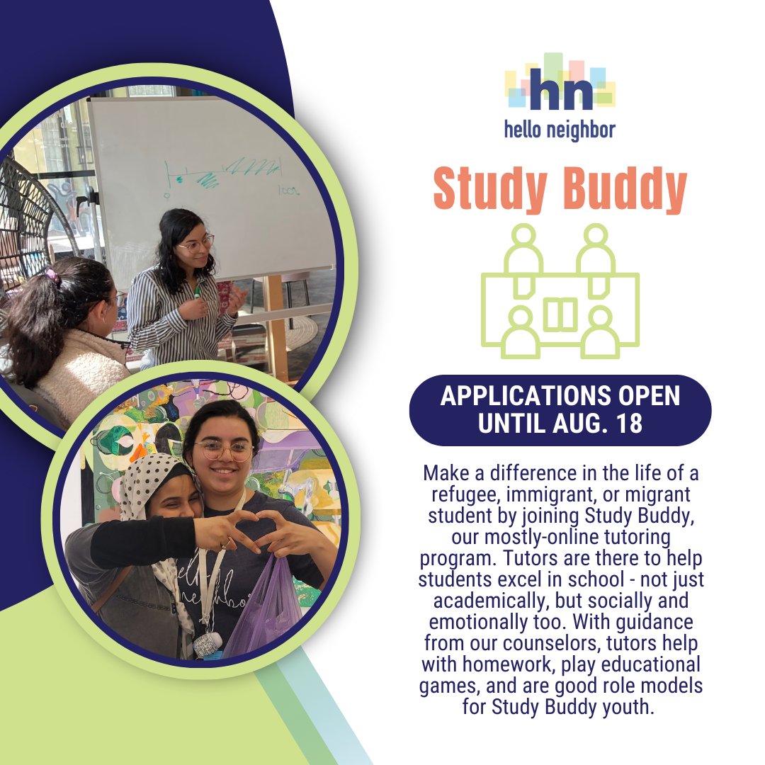 Applications are now open for our Study Buddy Tutoring Program! 

Tutors must be at least 16 years old and have 2 hours each week to dedicate to Study Buddy. Tutoring happens between 5pm-8pm on Tuesdays through Thursdays.

Apply today! helloneighbor.io/family-service…