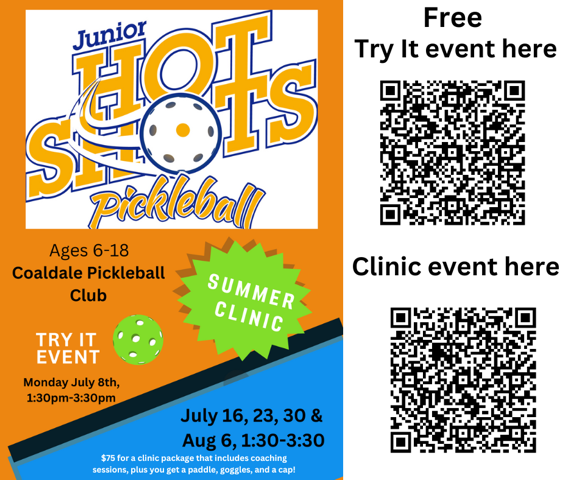 Registration for the Coaldale Pickleball Club's "Sport Camp for Kids" (ages 6-18) is now open! Scan the QR code to register.