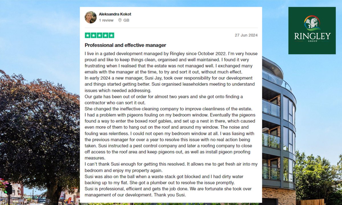 We thrive on great reviews such as this.
Why not speak to us if your Managing Agent isn’t the same?
We can even help you to apply for your Right to Manage.
ringley.co.uk