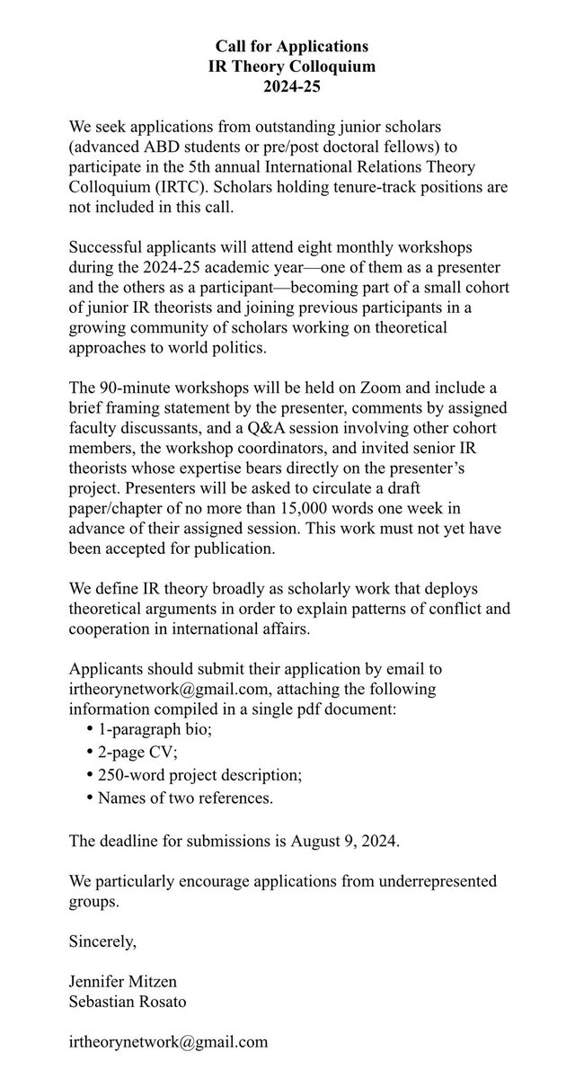 Sharing the call for applications for the International Relations Theory Colloquium—this was a great experience for me last year, and I can’t recommend enough for PhD students and postdocs: