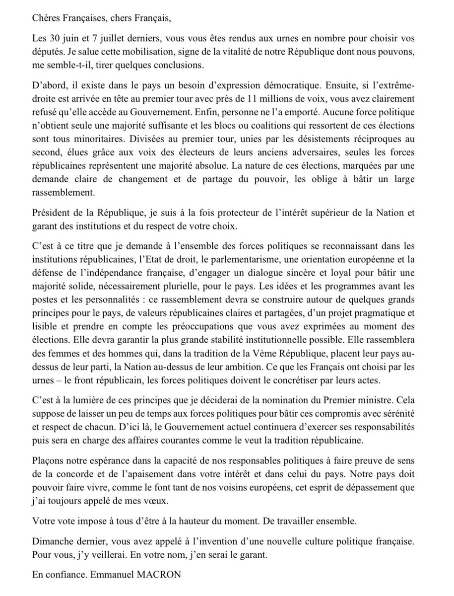 Cette lettre vient d’un monde parallèle.

Dans le vrai monde, le NFP est arrivé en tête des forces démocratiques.

Comme garant des institutions, le Président ne choisit pas la majorité.

Il doit charger la personne désignée par le NFP pour former un gouvernement.

Simple.