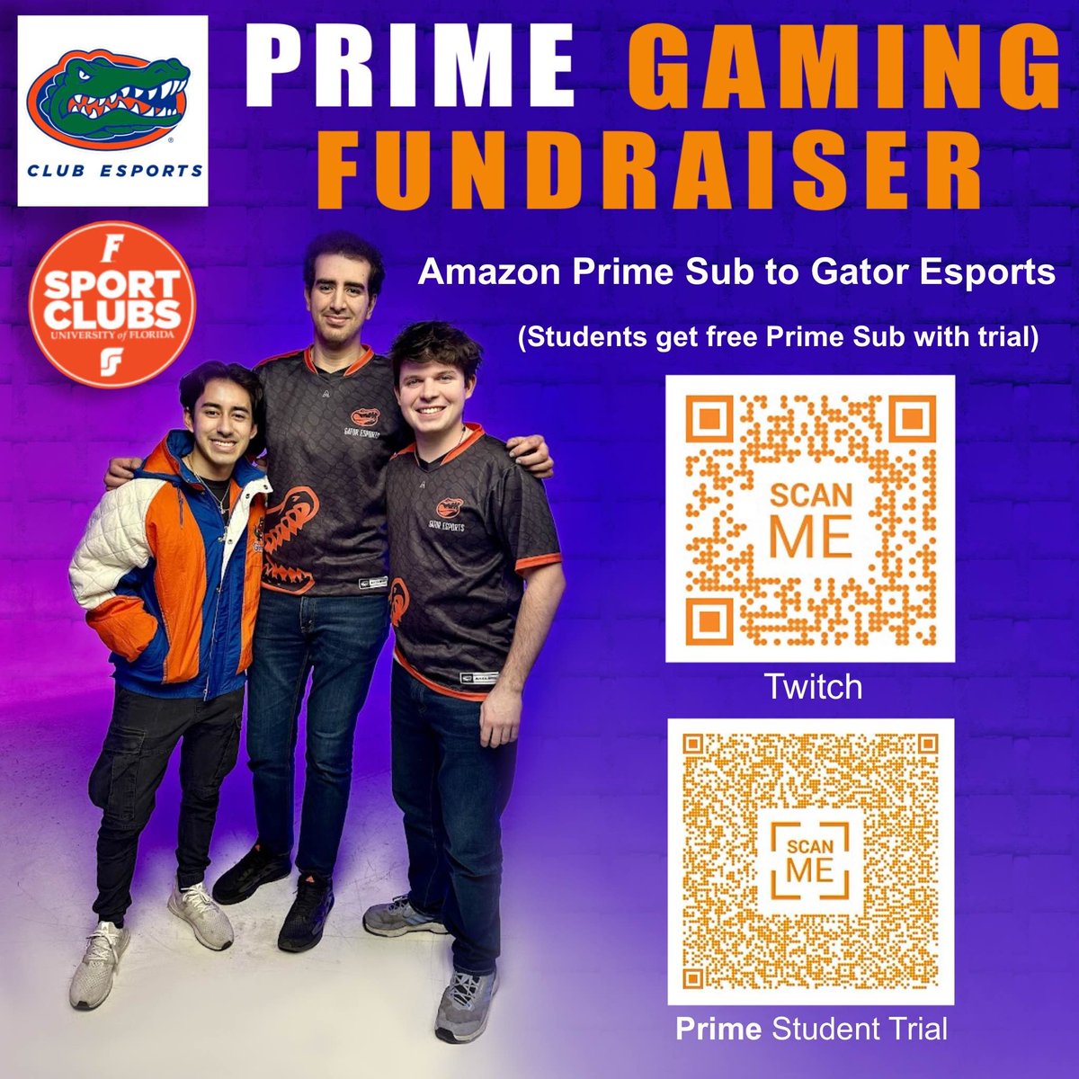 UFEsportsClub's tweet image. Exciting News from Gator Esports! 🎮

 ~ Prime Gaming Fundraiser ~ 

How to support 👇

Sign up for Prime Gaming (free w/ Prime).

- Go to Gator Esports Twitch
- Subscribe with your free Prime Gaming sub!
- Students: Get a free 3-month trial! (Through Amazon Prime!)