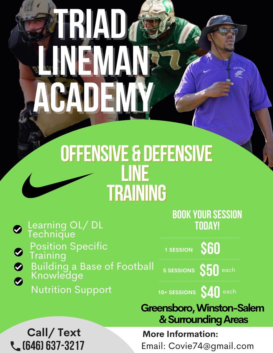 🚨LINEMAN🚨 Get better today and contact Triad Lineman Academy. Focus is on Offensive and Defensive Lineman training athletes of all Ages in order to improve thier technique, Form and Overall play  text 6466373217 for more information!