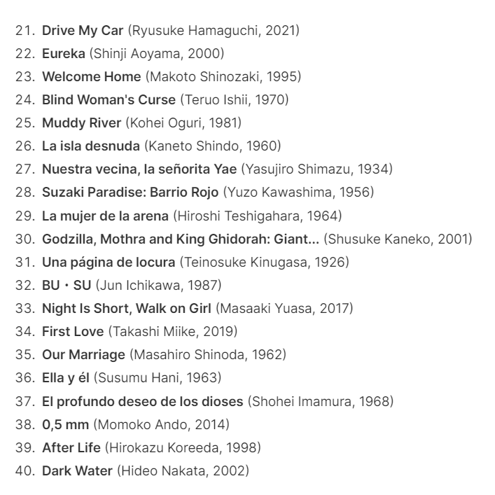 Me sumo a la iniciativa para compartir mi listita de cine japonés. Igual que <a href="/maties_tp/">Maties!</a>, son 40 películas japonesas de 40 cineastas diferentes.

Lista en Letterboxd: boxd.it/wWwEM