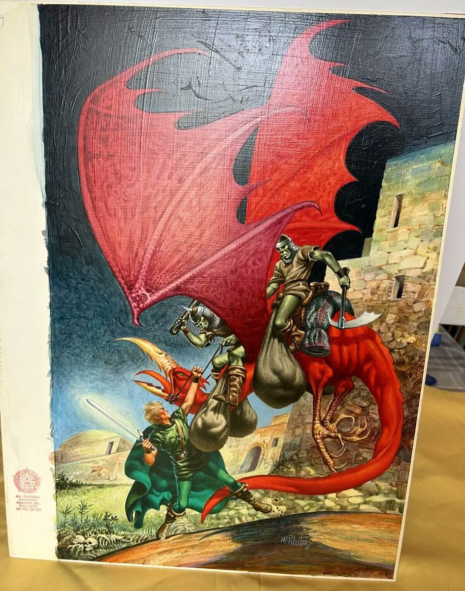 KevinLamb74's tweet image. Here's a fun piece of gaming history I just received; the original oil painting used for the US cover of Lone Wolf Book #9 "The Cauldron of Fear" published in 1988. Author Joe Dever set these adventures in Magnamund, his own personal OD&D campaign setting that he created in 1976.