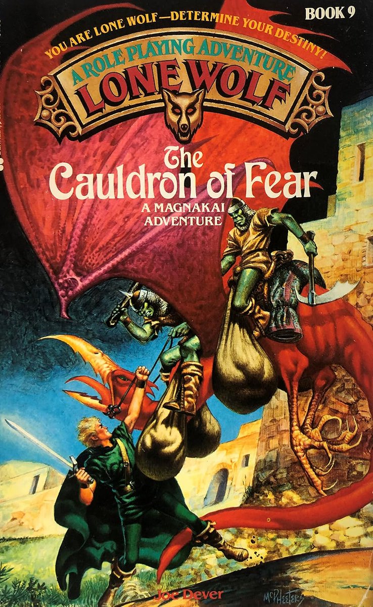 KevinLamb74's tweet image. Here's a fun piece of gaming history I just received; the original oil painting used for the US cover of Lone Wolf Book #9 "The Cauldron of Fear" published in 1988. Author Joe Dever set these adventures in Magnamund, his own personal OD&D campaign setting that he created in 1976.