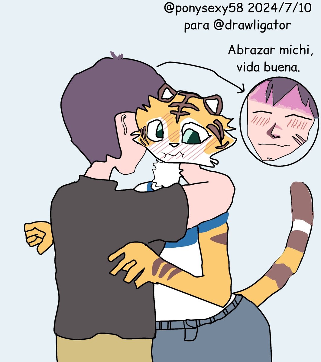 ponysexy58's tweet photo. Sorry for the delay @drawligator #furry #tiger #fanart #human #hug #blush #bluejean #jean #greeneyes #closedeyes #5fingers #blackshirt #brownpants #englishtext #spanishtext #español #english #simplebackground #whitefur #brownfur #orangefur #shorthair #smile #scar https://t.co/Qjm9phUyoW