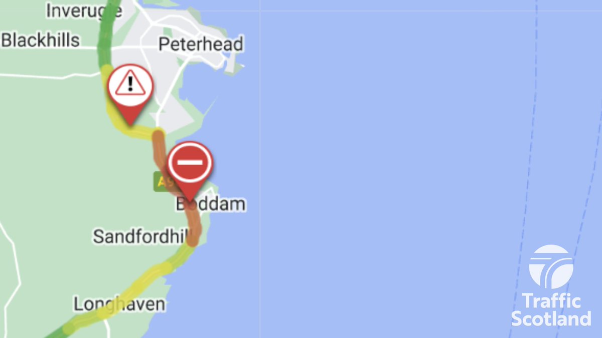 trafficscotland's tweet photo. @NETrunkRoads @AberdeenTravel UPDATE❗️⌚️17:10
#A90 - Boddam
🛑Road remains CLOSED in both directions between Invernettie Rdb and Rocksley Drive due to flooding 🌧️
👇Full diversion details can be found below 👇
(#A950 diversion traffic can only pass using the middle of the road)
@NETrunkRoads https://t.co/LgWWEcLRCI