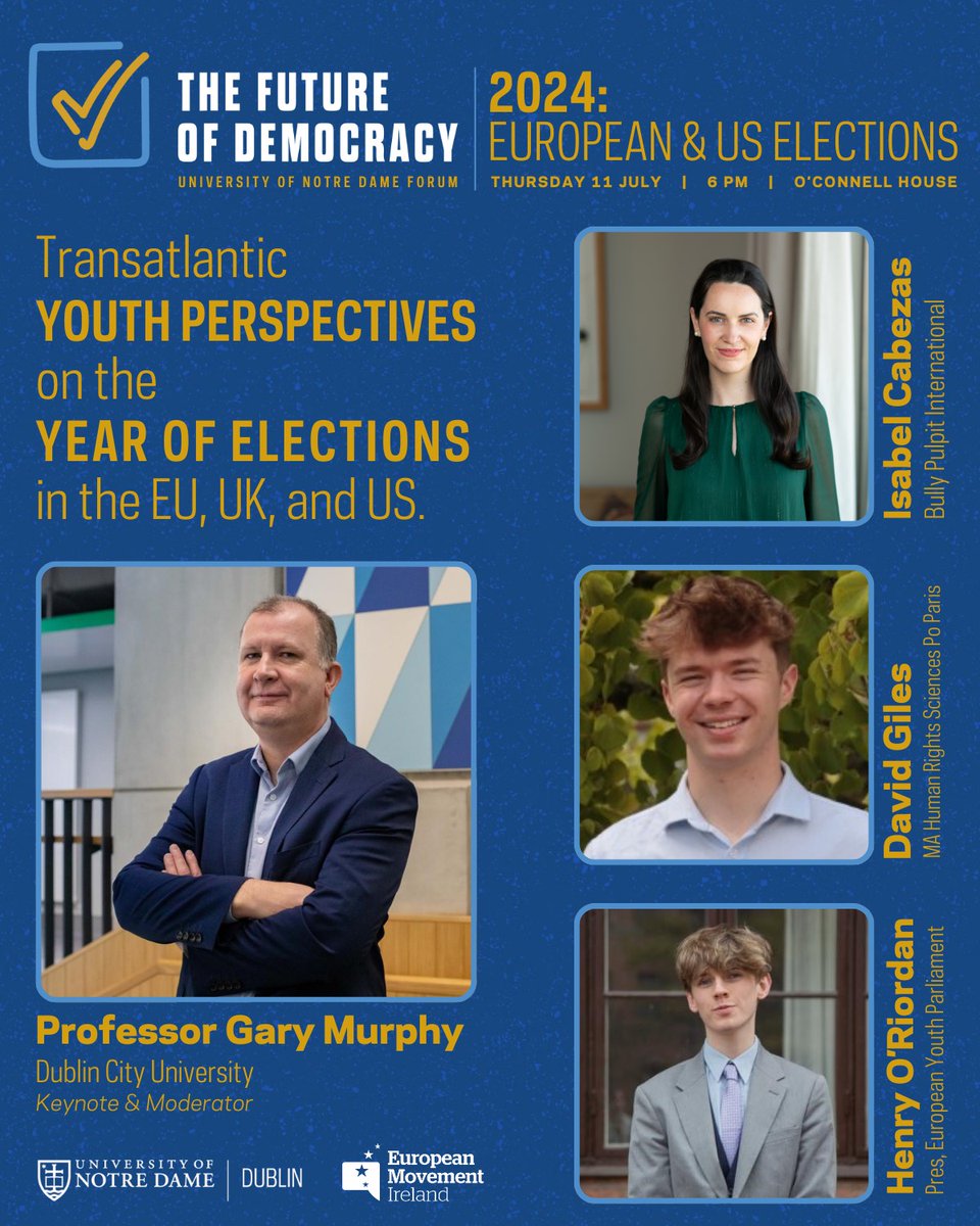 Join an upcoming talk on The Future of Democracy 2024: European &amp; US Elections on Thursday, 11 July, 6-7pm. Location: Notre Dame Dublin, O'Connell House.
Register at the link: bit.ly/4cPvjqJ.