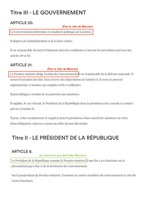 Petit schéma simple pour aider Macron à comprendre comment marche la Constitution et ce qu'il doit faire. 

On ne lui demande pas son avis pour «déterminer et conduire la politique de la Nation». 

Ce n'est pas son rôle.

On s'en charge. 

Merci.