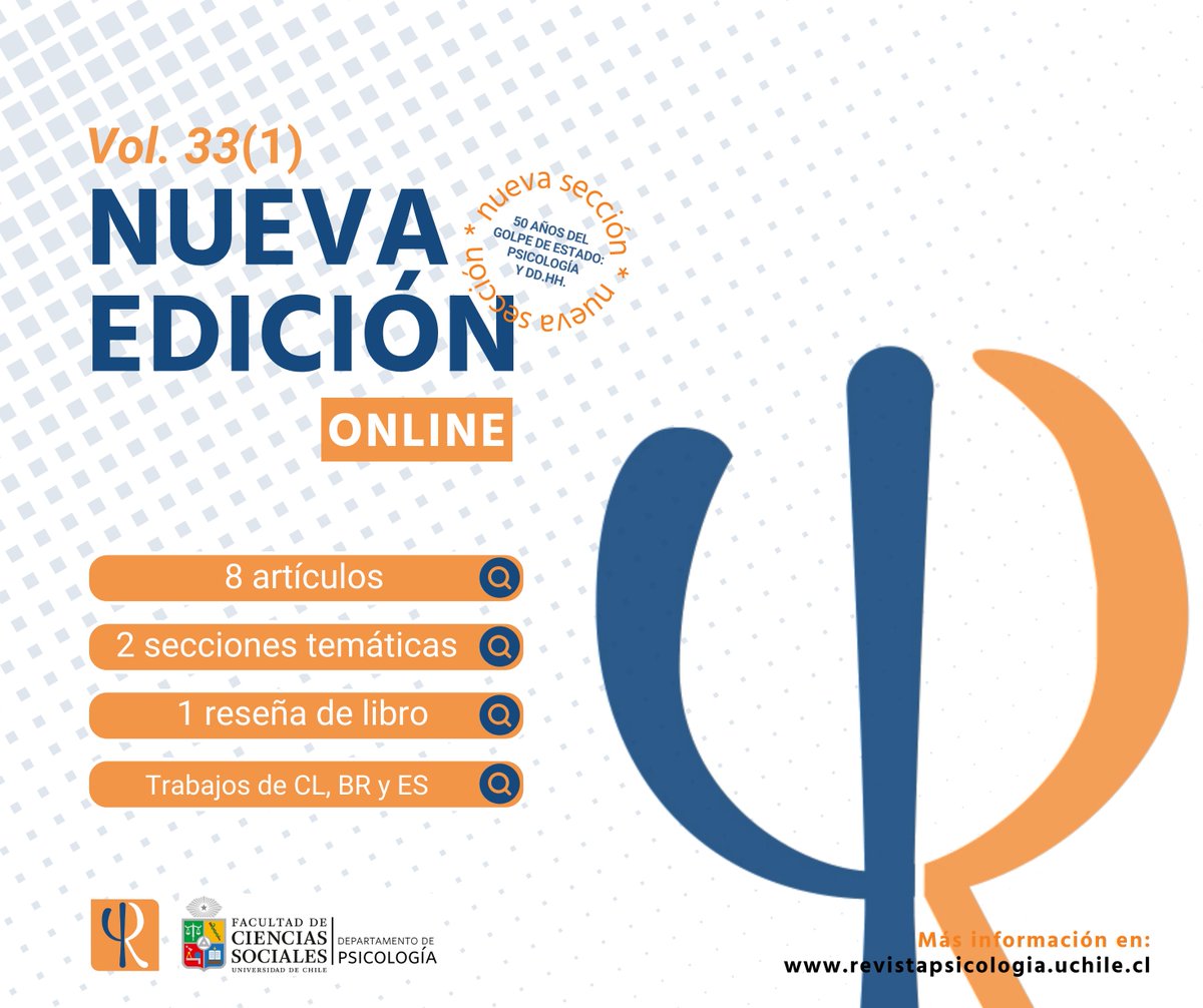 Ya está en la web la nueva edición de la Revista de Psicología, Vol. 33(1). En este número, inauguramos la sección "50 años del golpe de Estado: Psicología y DD. HH." Disponible en: revistapsicologia.uchile.cl/index.php/RDP/…