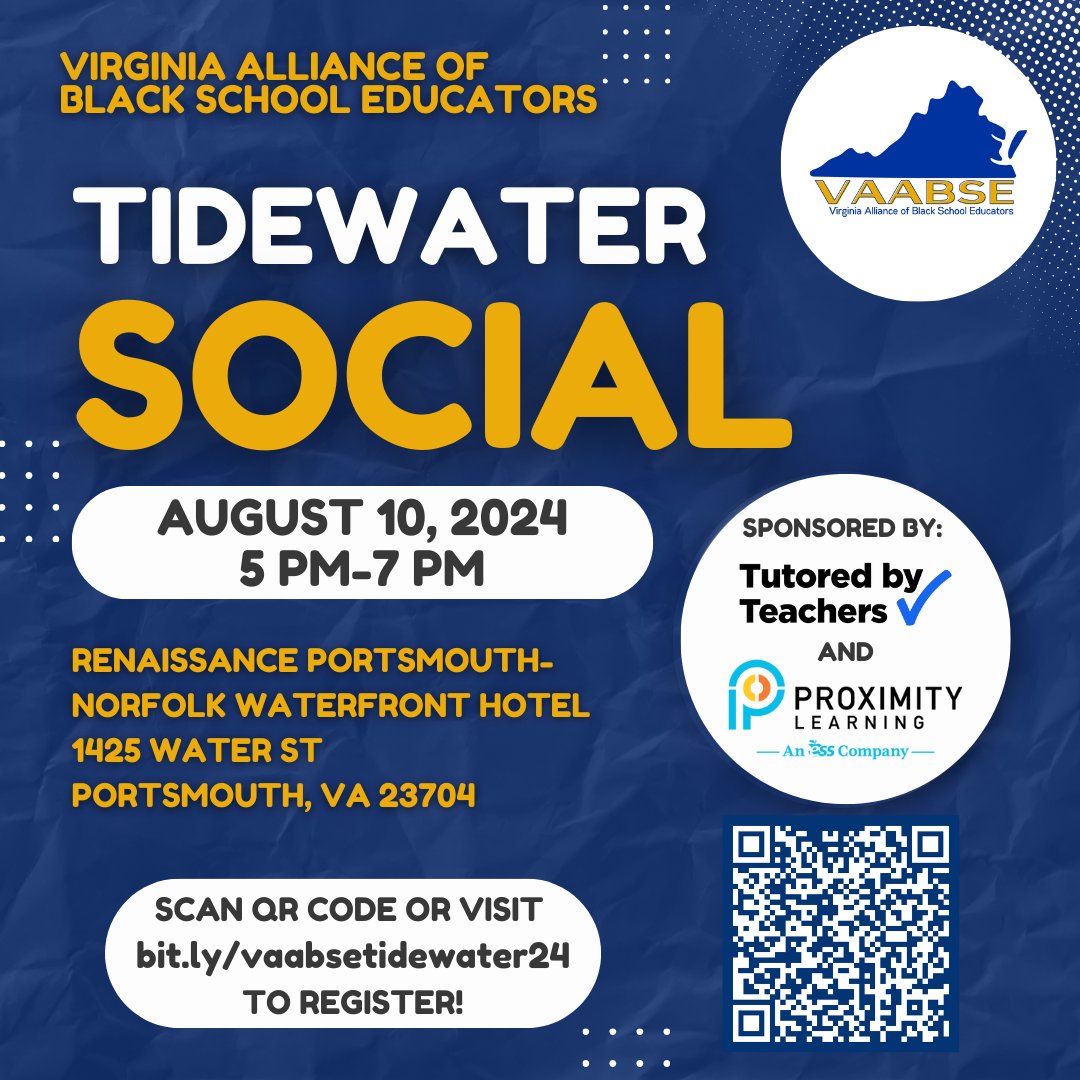 🗣️ Calling all 757 educators! Join us or our Tidewater Social sponsored by Tutored by Teachers and Proximity Learning. Attendees will have the opportunity to network. Heavy hors d'oeuvres will be served. RSVP today at bit.ly/vaabsetidewate……. Registration closes August 9th!