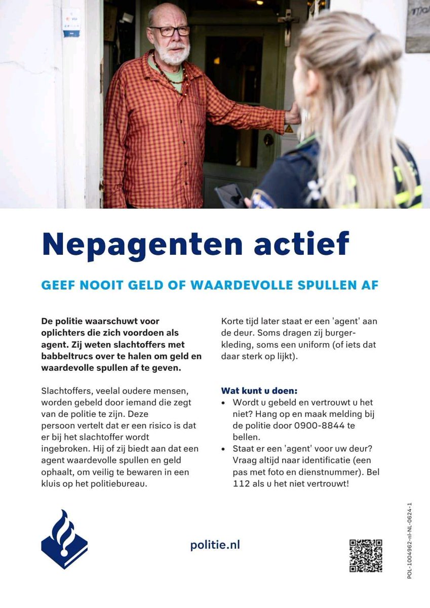 De politie komt nooit uw waardevolle spullen ophalen. Ook de wijkagent niet. Bespreek dit met ouderen in uw omgeving. Print evt deze flyer uit voor uw (groot)ouders, buren of overige ouderen.
#Waddinxveen #wijkagenten #oplichting #nepagenten