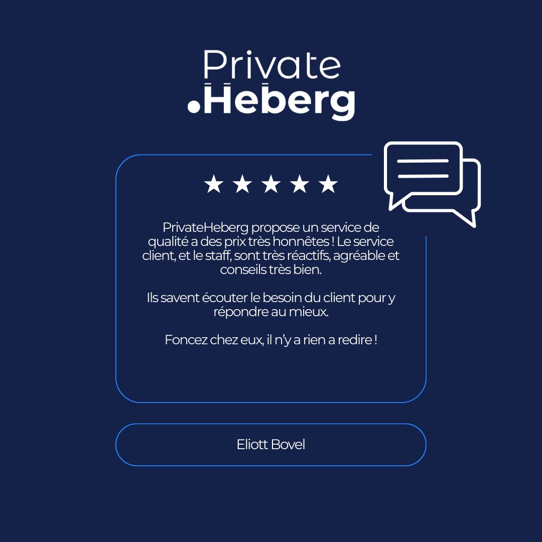 PrivateHebergFR's tweet image. 🌟 Avis client : &quot;Service de qualité à des prix honnêtes, staff réactif et agréable. Foncez chez PrivateHeberg !&quot; - Eliott Bovel #PrivateHeberg #AvisClient
