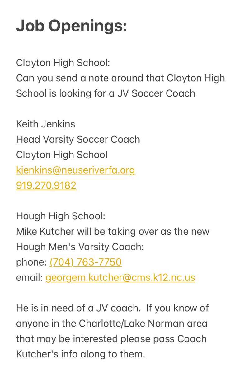 🚨Job Openings🚨

Hough JV Mens &amp; Clayton JV Mens

See below for more info &amp; who to contact:

<a href="/HoughSoccer/">DSmithbusdriver_24</a> <a href="/ClaytonSoccer/">Clayton Comets Soccer</a>