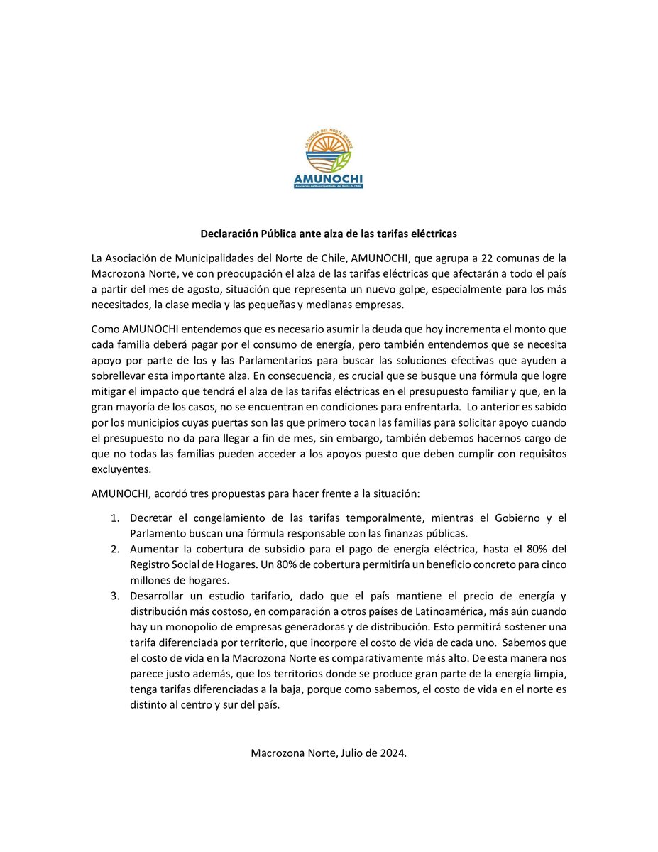 AMUNOCHI, que reúne a 22 comunas de la Macrozona Norte, manifiesta su preocupación por el alza de las tarifas eléctricas. 

#Arica #Iquique #Mejillones #Calama #SanPedrodeAtacama #Pica #Tocopilla #Caldera #Vallenar #Taltal #Vallenar #Taltal #SierraGorda #Antofagasta #Ollague