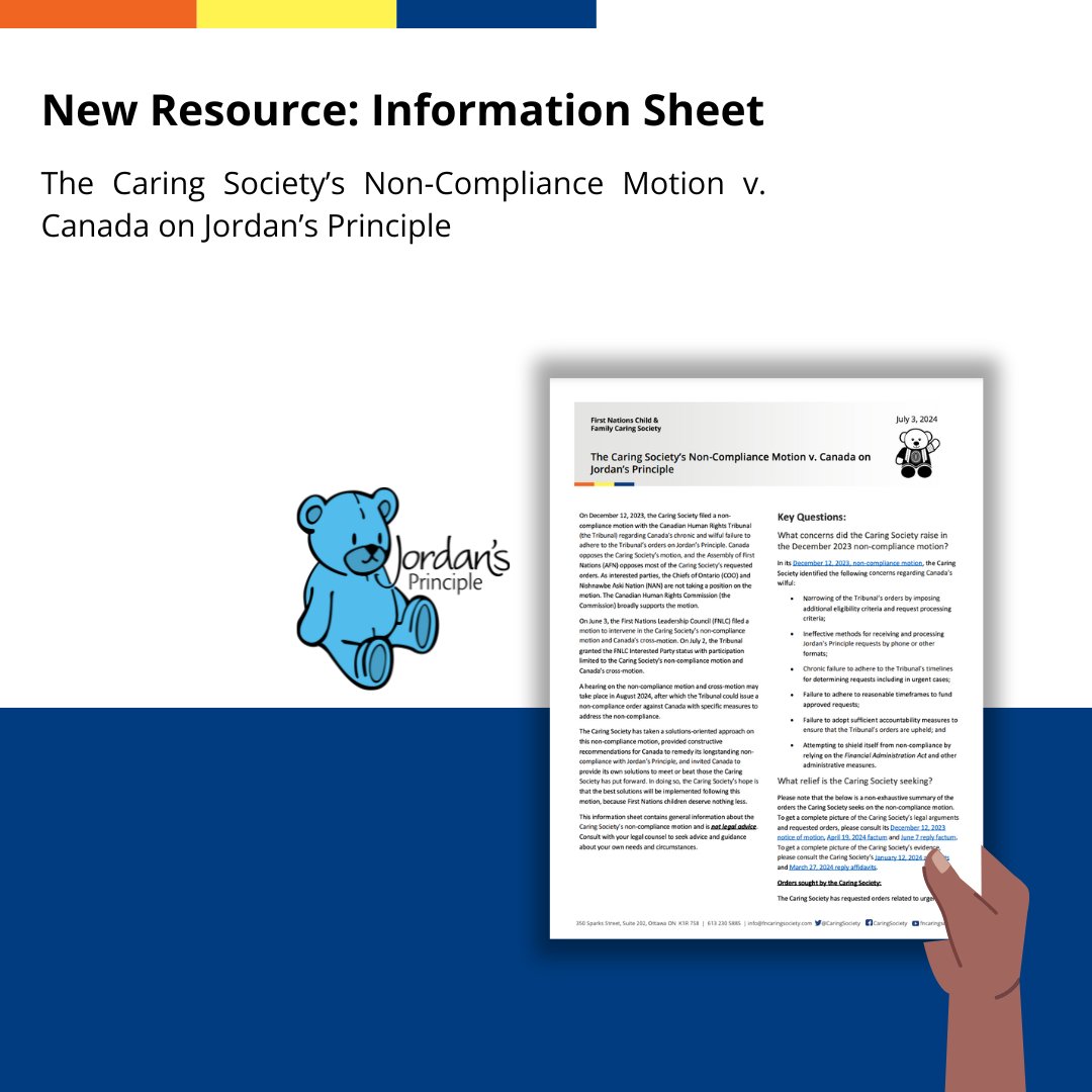 Check out our latest info sheet and brush up on the basics of our ongoing non-compliance motion before the #CHRT on #JordansPrinciple. Learn more about the parties' positions, key questions &amp; more. 

fncaringsociety.com/publications/c…