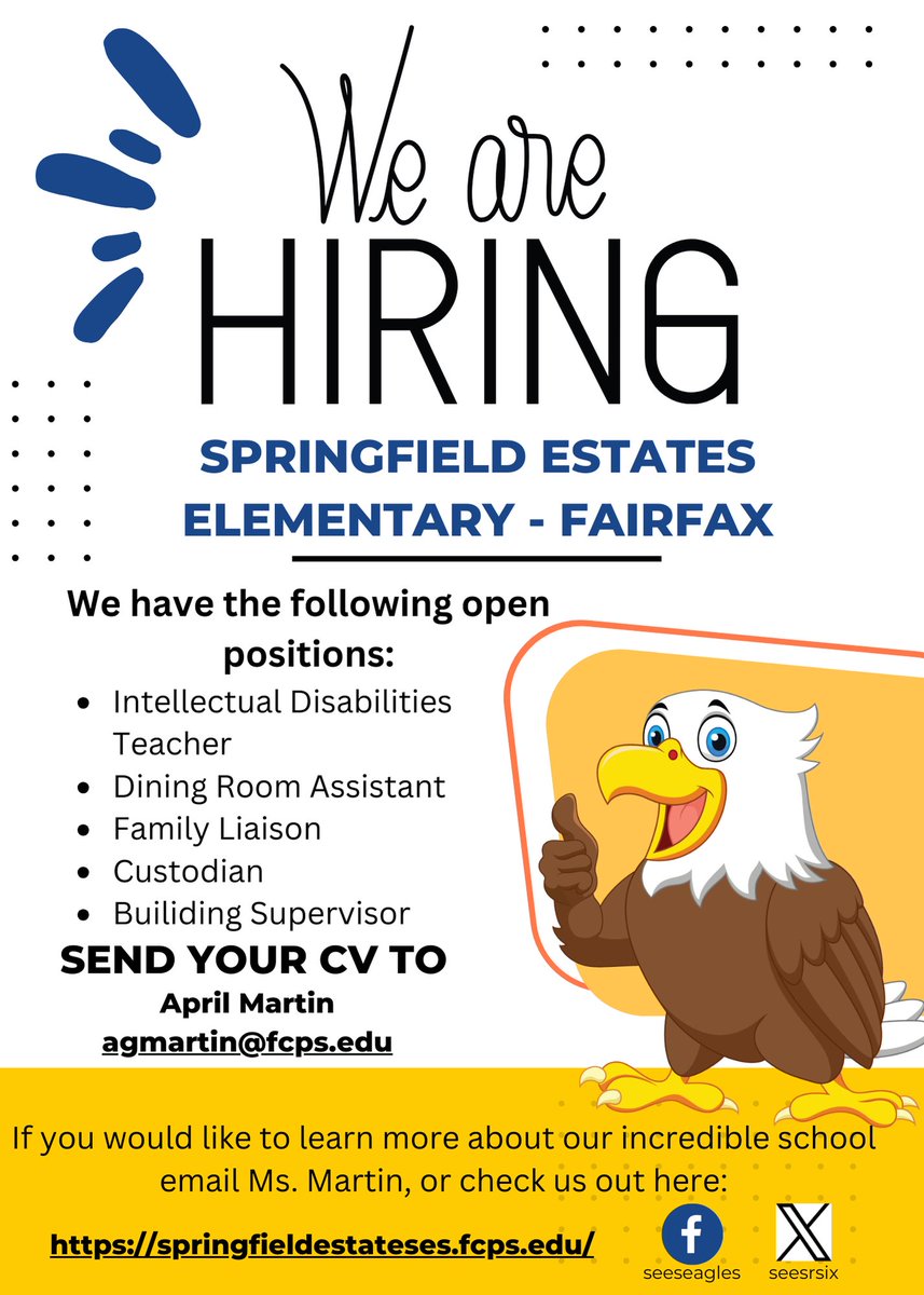 We are looking for a few new Eagles to join our wonderful school! Please help us spread the word! If you have any questions please reach out to Ms. Martin. She would love to hear from you! #togetherwesoar #neweagles #weloveourschool