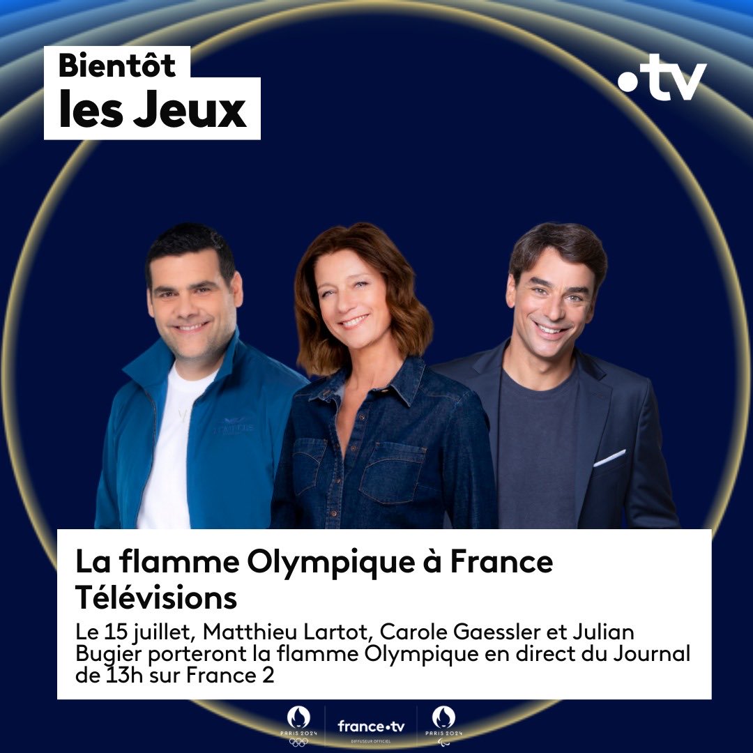 #Paris2024 | La flamme 🔥 arrive chez @francetele et ce sont <a href="/lartot/">Matthieu Lartot</a>, @GaesslerC et <a href="/JulianBugier/">Julian Bugier</a> qui seront ses porteurs !

🗓 Rendez-vous le 15 juillet sur France 2 et sur la chaîne "france.tv PARIS 2024" pour assister à l'événement 🏅

#francetv
