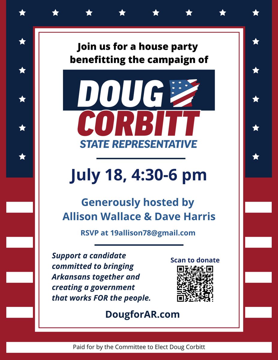 My friends Allison Wallace and Dave Harris are kindly hosting a house party for my campaign next week! You’re invited to join us for food and discussion about creating a better Arkansas. See you there!