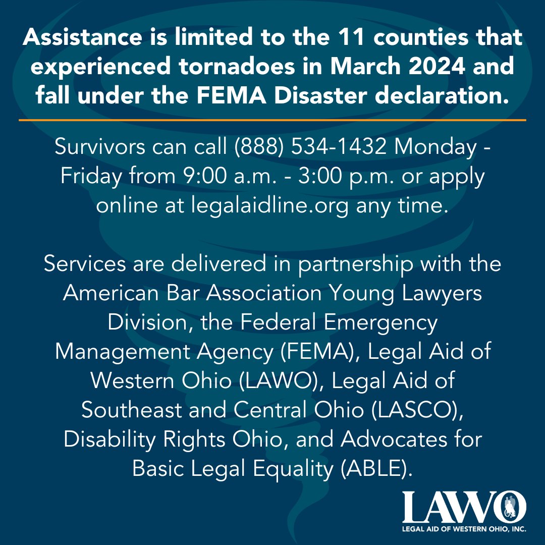 Please share! Free legal help may be available to those who were impacted by the Ohio tornadoes in March 2024.