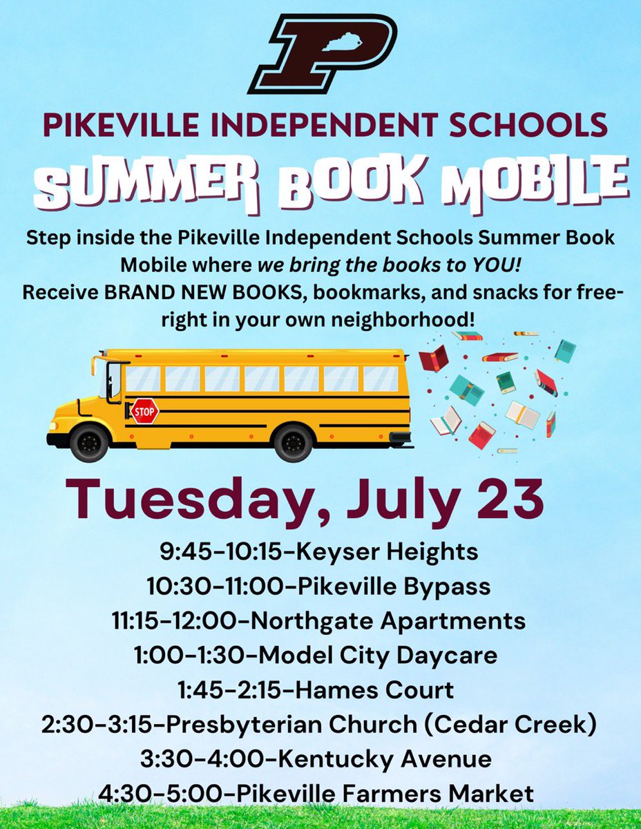 David Trimble (@dave_trimble19) on Twitter photo Our first ever <a href="/PikevilleInd/">Pikeville Schools</a> Book Mobile will be traveling our district on July 23rd. We hope our students will join us at one of these locations to spend some time with our team, pick out a book, and to get some treats. We are very excited to get to see and visit with you! Our first ever <a href="/PikevilleInd/">Pikeville Schools</a> Book Mobile will be traveling our district on July 23rd. We hope our students will join us at one of these locations to spend some time with our team, pick out a book, and to get some treats. We are very excited to get to see and visit with you!
