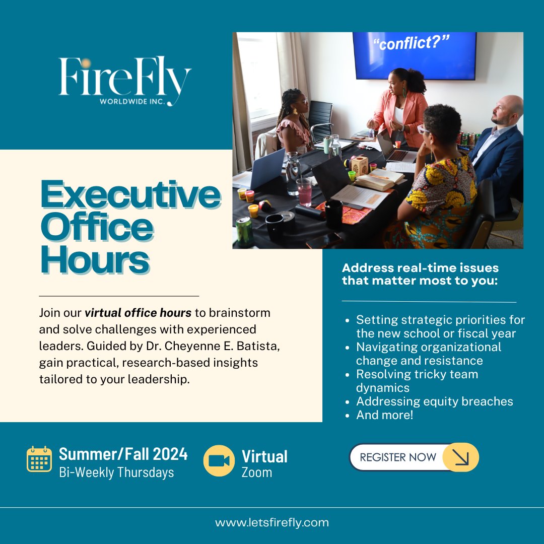 Join us for Executive Office Hours!🌟

School &amp; nonprofit leaders navigating change, quirky team dynamics, equity breaches, etc.—let's do it together! Don't miss this chance for immediate strategies to benefit your team.  

Seats/pricing limited! Register: bit.ly/ExecOffHrs