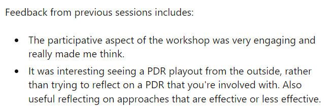 “PDR - It’s My Conversation” - an experiential learning session"

19th July

9:30 staffbookings.lshtm.ac.uk/index.php/info…

11:30 staffbookings.lshtm.ac.uk/index.php/info…

15:30 staffbookings.lshtm.ac.uk/index.php/info…