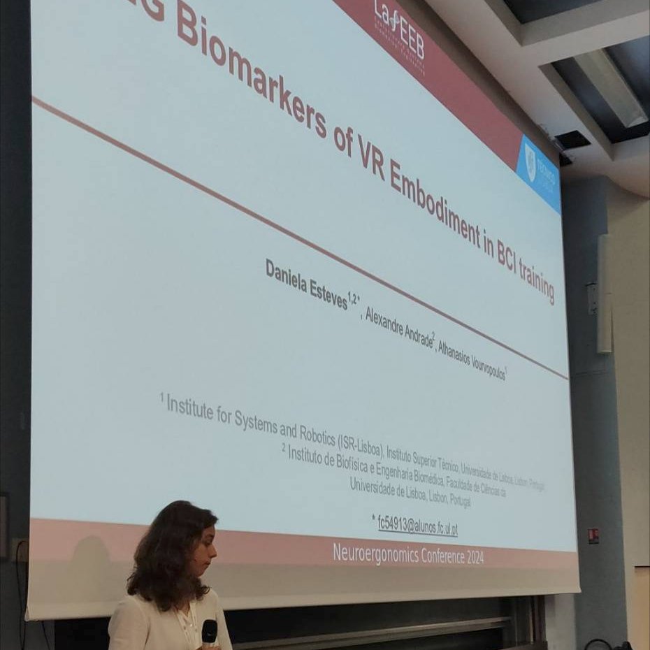 Athanasios (Thanos) Vourvopoulos (@avourvopoulos) on Twitter photo 🎉 Congratulations to our student Daniela Esteves for presenting part of her master's thesis work on "#EEG biomarkers of #VR embodiment in #BCI training" at the <a href="/NeuroergoConf/">Neuroergonomics Conference</a> in Bordeaux! 🧠
#neuroergonomics <a href="/laseeb_isr/">LaSEEB</a> <a href="/ISR_Lisboa/">Institute for Systems and Robotics</a> 🎉 Congratulations to our student Daniela Esteves for presenting part of her master's thesis work on "#EEG biomarkers of #VR embodiment in #BCI training" at the <a href="/NeuroergoConf/">Neuroergonomics Conference</a> in Bordeaux! 🧠
#neuroergonomics <a href="/laseeb_isr/">LaSEEB</a> <a href="/ISR_Lisboa/">Institute for Systems and Robotics</a>