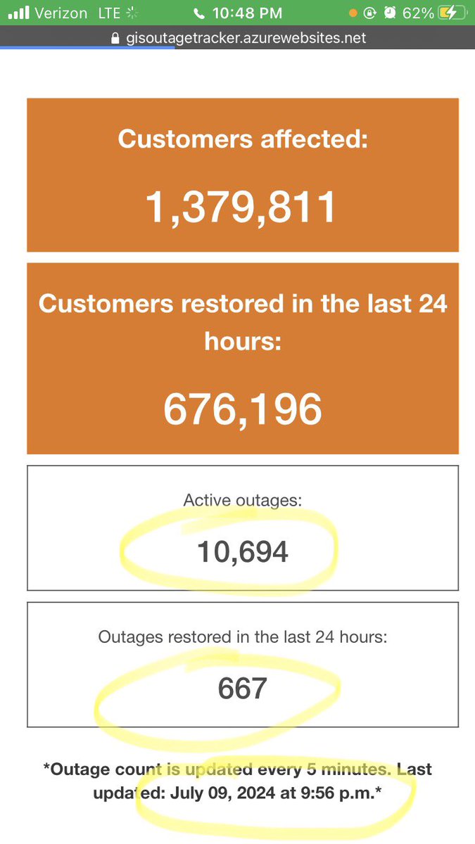 hann_schro's tweet photo. @CenterPoint Very interesting…..did outages get worse from 7/9 to 7/10? Was any power restored in the last 12 hrs? https://t.co/5ukodGZVmn