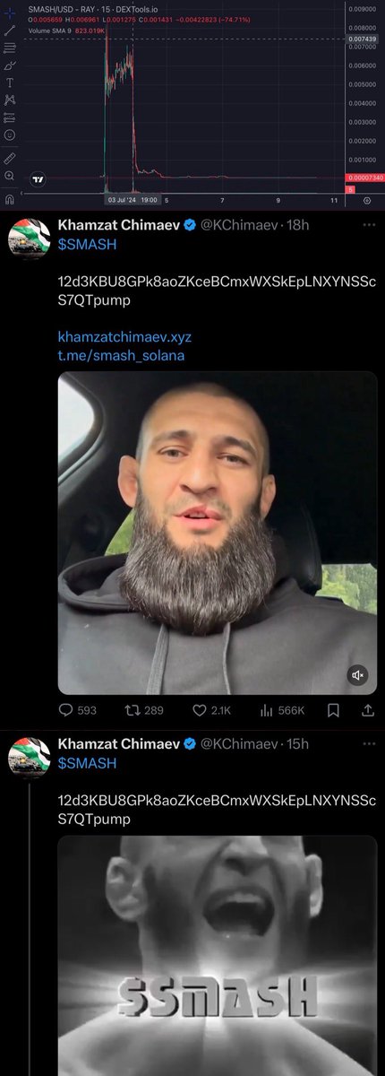 <a href="/KChimaev/">Khamzat Chimaev</a> Hi Khamzat! 

In the video above it is stated:

“We did not sell, we were not the cause of the major downfall”

“Everything is public you can track the wallets… there is no scam”

“Not us”

Well I did indeed tracked the wallets and this video is a lie because the team sold