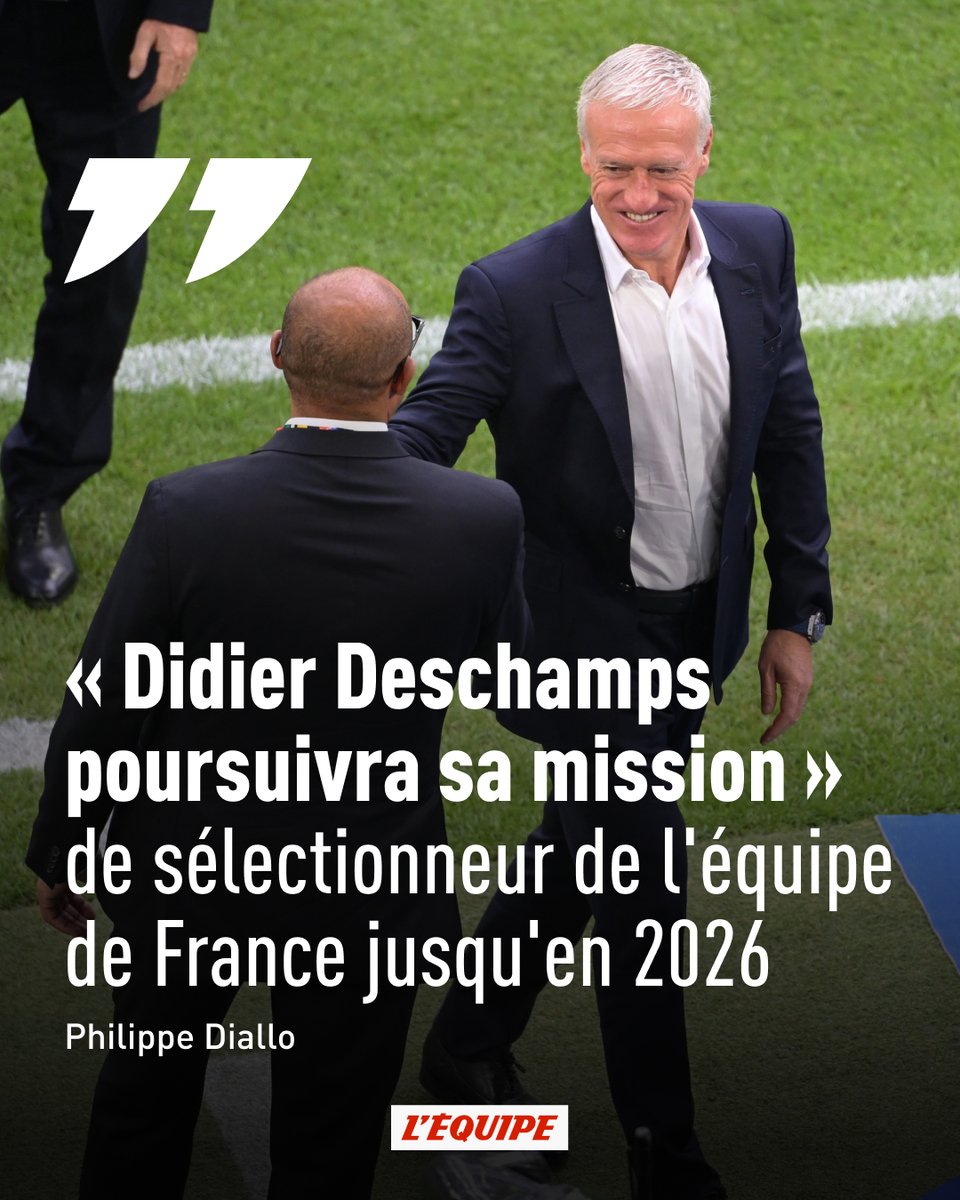 lequipe's tweet photo. Philippe Diallo, le président la FFF, souhaite que Didier Deschamps aille au bout de son contrat, en 2026. Et défend le bilan du sélectionneur des Bleus en dépit d'un jeu peu emballant. https://t.co/U338XntTTM https://t.co/GwzFTu1bKK