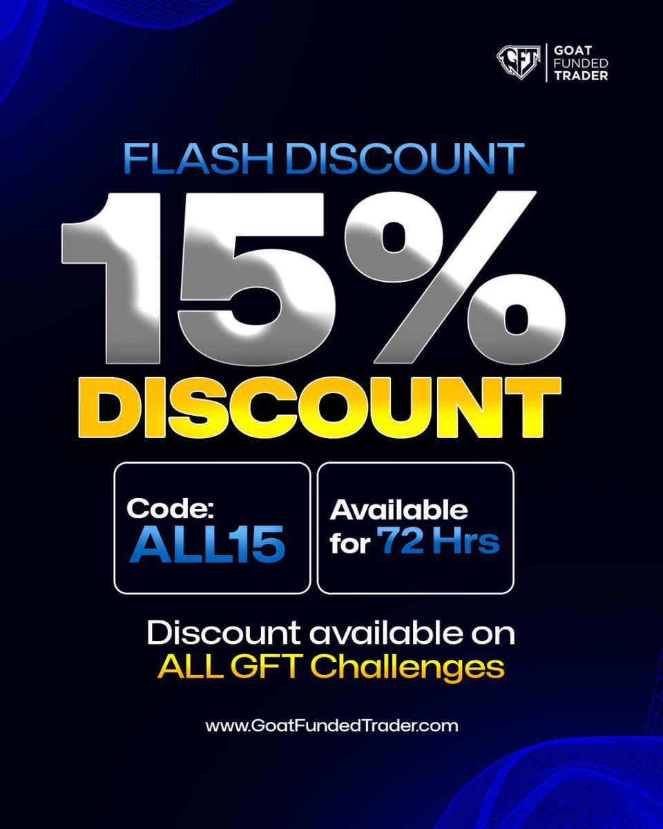 📢📢 FLASH DISCOUNT 📢📢

15% OFF ON EVERYTHING 🚨

All of our challenges are discounted for the next 72 hours ⚠️

The type of opportunity that doesn’t happen often 

• both 1 step and 2 step challenges discounted 

✅ 100k goat challenge available for less than 350$

5k goat