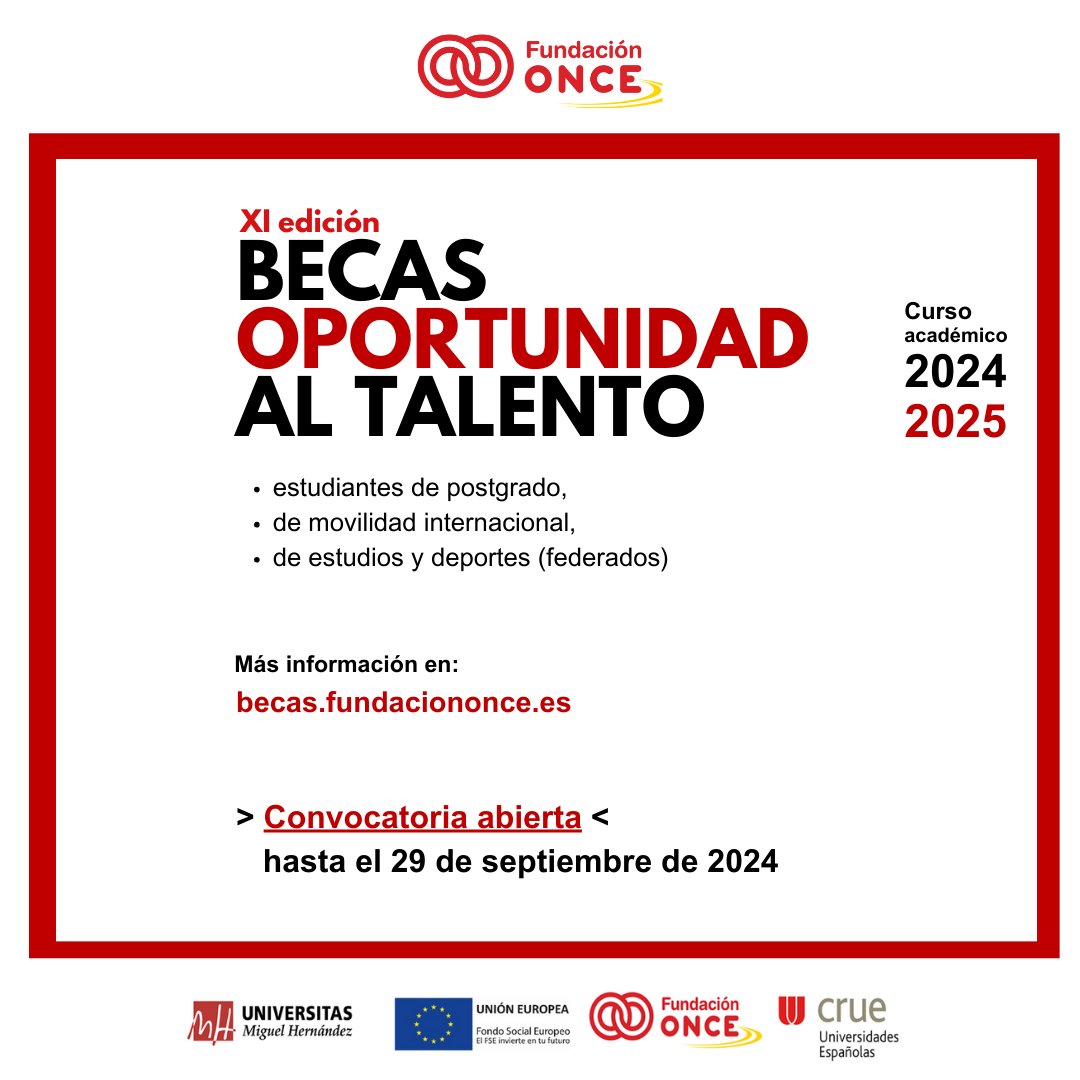 Observatorio UMH (@observatorioumh) on Twitter photo 🚨XI edición 🏆¡ BECAS OPORTUNIDAD AL #TALENTO ! por <a href="/Fundacion_ONCE/">Fundación ONCE</a> para 👨💻 #estudiantes #deportistasfederados #movilidad
📂Convocatoria ABIERTA
🗓️hasta el 29 septiembre 2024
👉becas.fundaciononce.es
#becas #UMH <a href="/UniversidadMH/">UMH</a> <a href="/Delegacion_umh/">Delegación de Estudiantes UMH</a>
#ONCE 🚨XI edición 🏆¡ BECAS OPORTUNIDAD AL #TALENTO ! por <a href="/Fundacion_ONCE/">Fundación ONCE</a> para 👨💻 #estudiantes #deportistasfederados #movilidad
📂Convocatoria ABIERTA
🗓️hasta el 29 septiembre 2024
👉becas.fundaciononce.es
#becas #UMH <a href="/UniversidadMH/">UMH</a> <a href="/Delegacion_umh/">Delegación de Estudiantes UMH</a>
#ONCE