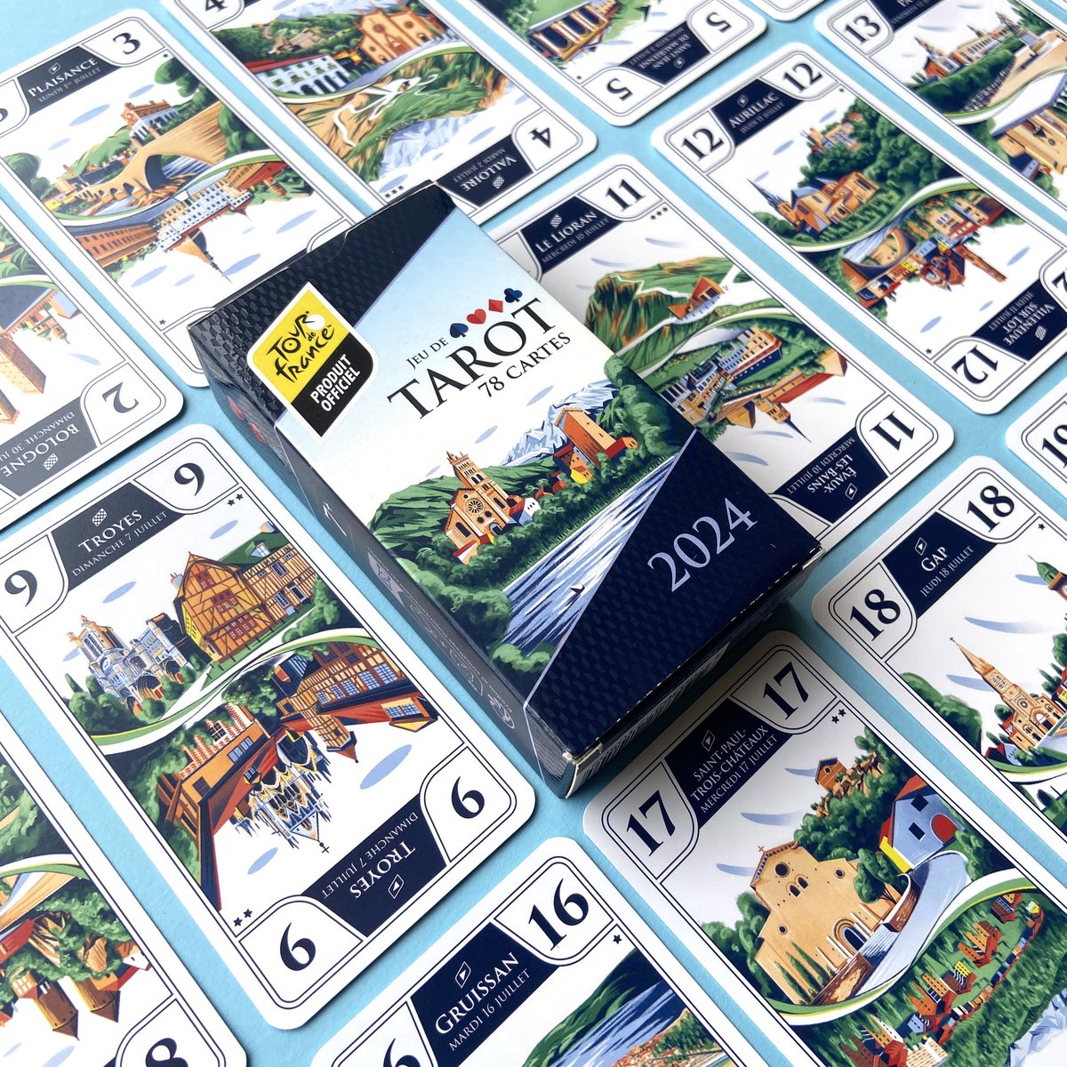 NicoloCanova's tweet photo. New project for #tourdefrance2024 . I illustrated every single stage of the competition for their official limited edition Tarot Game, from Italy to Nice! @LeTour ✨💚✨ #tarotgame https://t.co/lYL3Kv6lDV