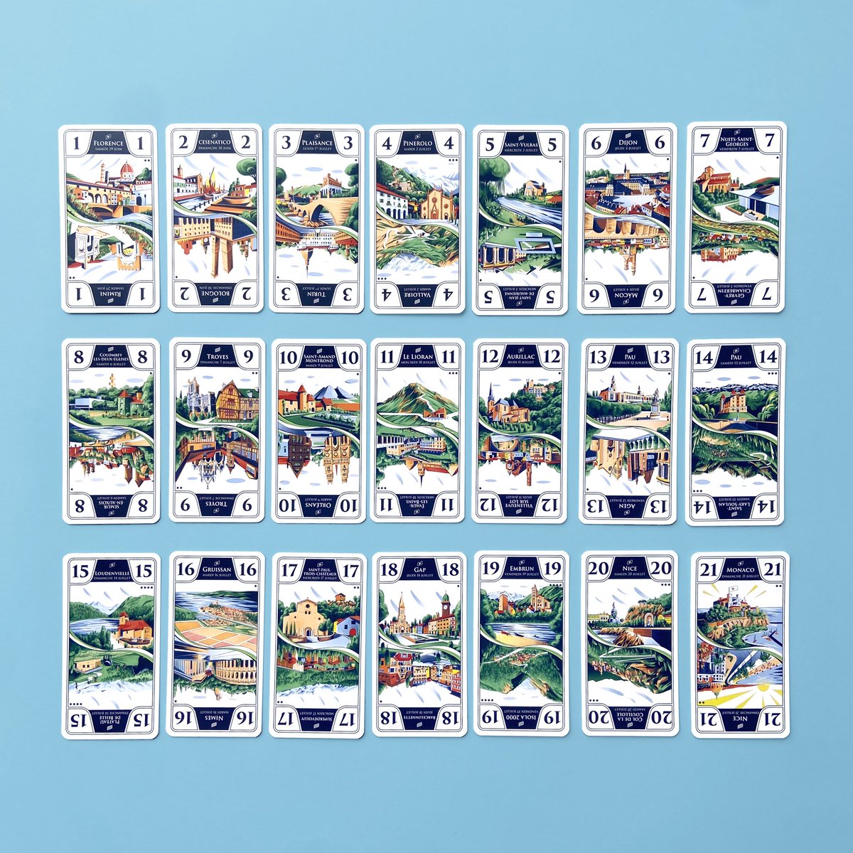 NicoloCanova's tweet photo. New project for #tourdefrance2024 . I illustrated every single stage of the competition for their official limited edition Tarot Game, from Italy to Nice! @LeTour ✨💚✨ #tarotgame https://t.co/lYL3Kv6lDV
