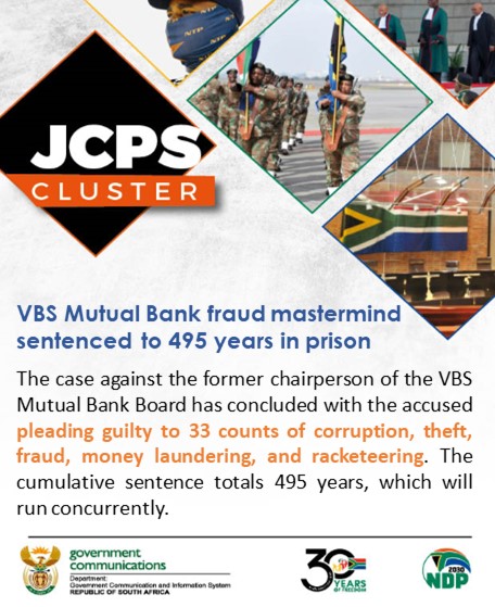 GovernmentZA's tweet photo. VBS Mutual Bank fraud mastermind sentenced to 495 years in prison! #FightingCrime https://t.co/D7EwmW3dQY