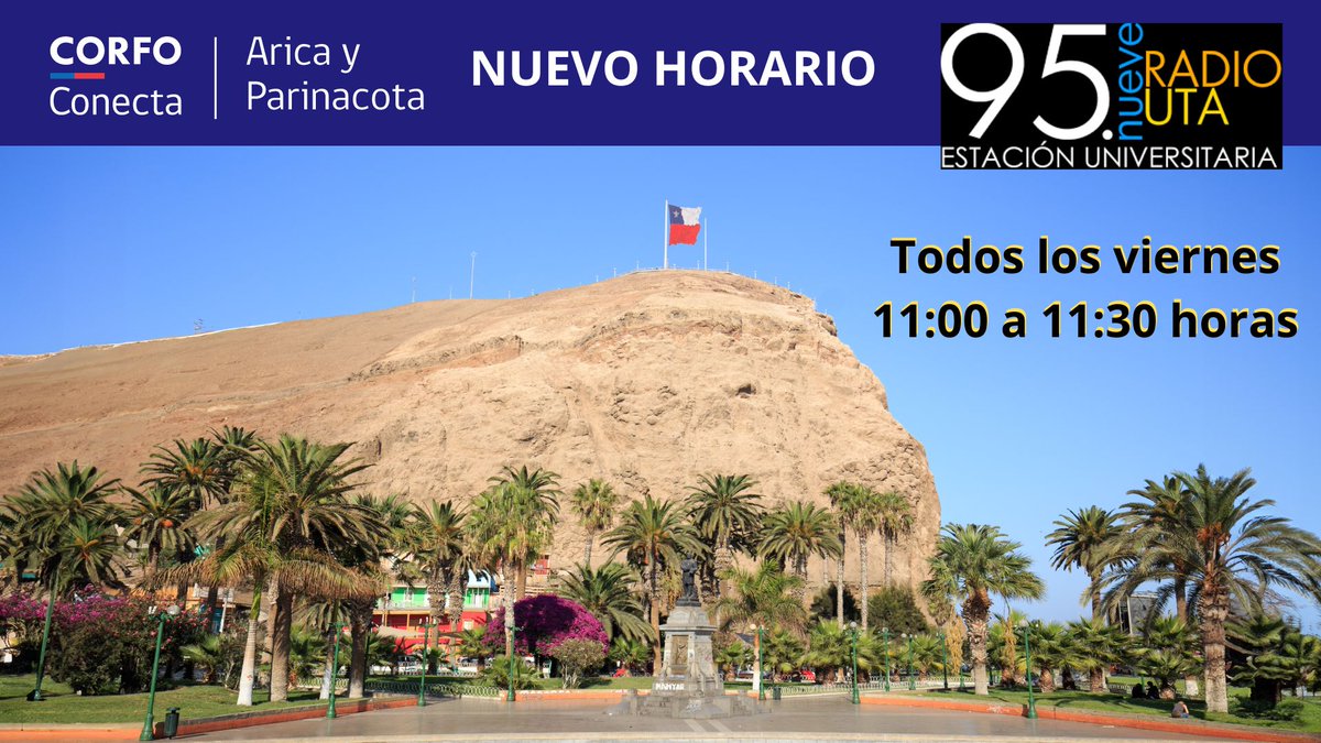 CorfoArica's tweet photo. #Arica Les recordamos, hoy, 9 horas, tendremos nuestro último programa #CorfoConecta Arica y Parinacota en Radio @UTarapaca (95.9 fm). La próxima semana debutamos en nuevo día y horario: los viernes, desde las 11 de la mañana #Corfo @DPRAricayP @seremieconoxv https://t.co/tGXrAeGwMW